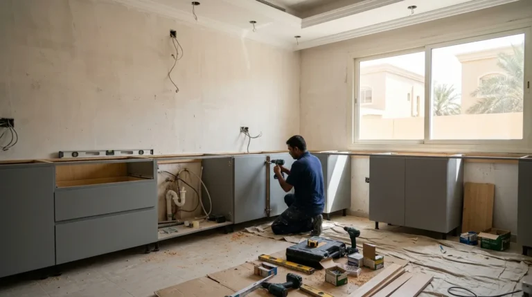 Kitchen renovation with new cabinets being installed