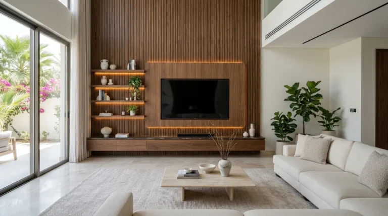 Custom TV unit with fluted walnut wall panelling