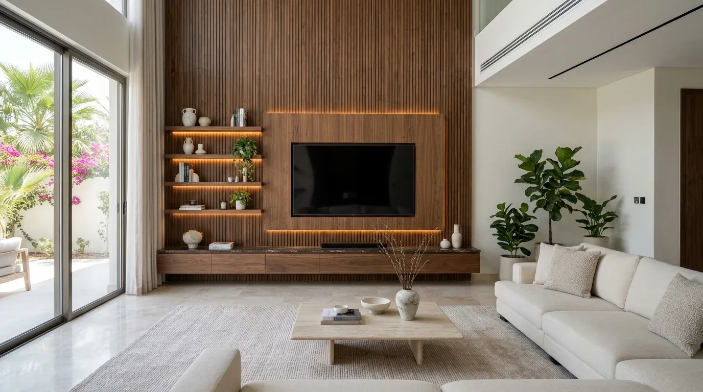 Custom TV unit with fluted walnut wall panelling