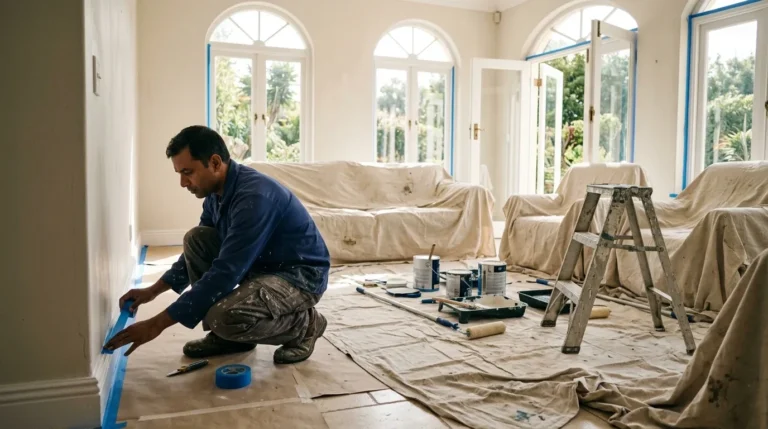 Painter preparing a villa room for painting in Abu Dhabi