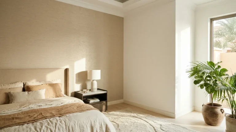 Wallpaper feature wall next to a painted wall in a UAE bedroom