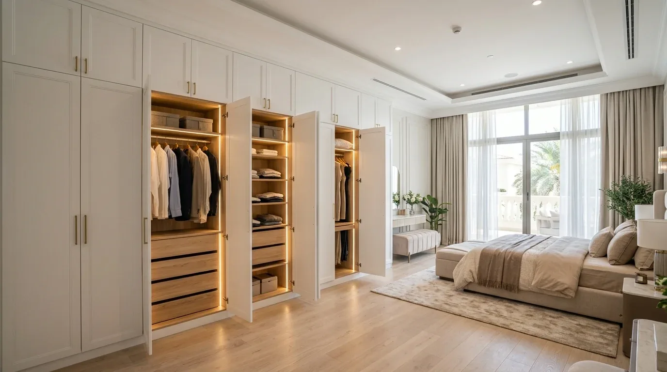 Built-in wardrobe design with open shelves and LED lighting
